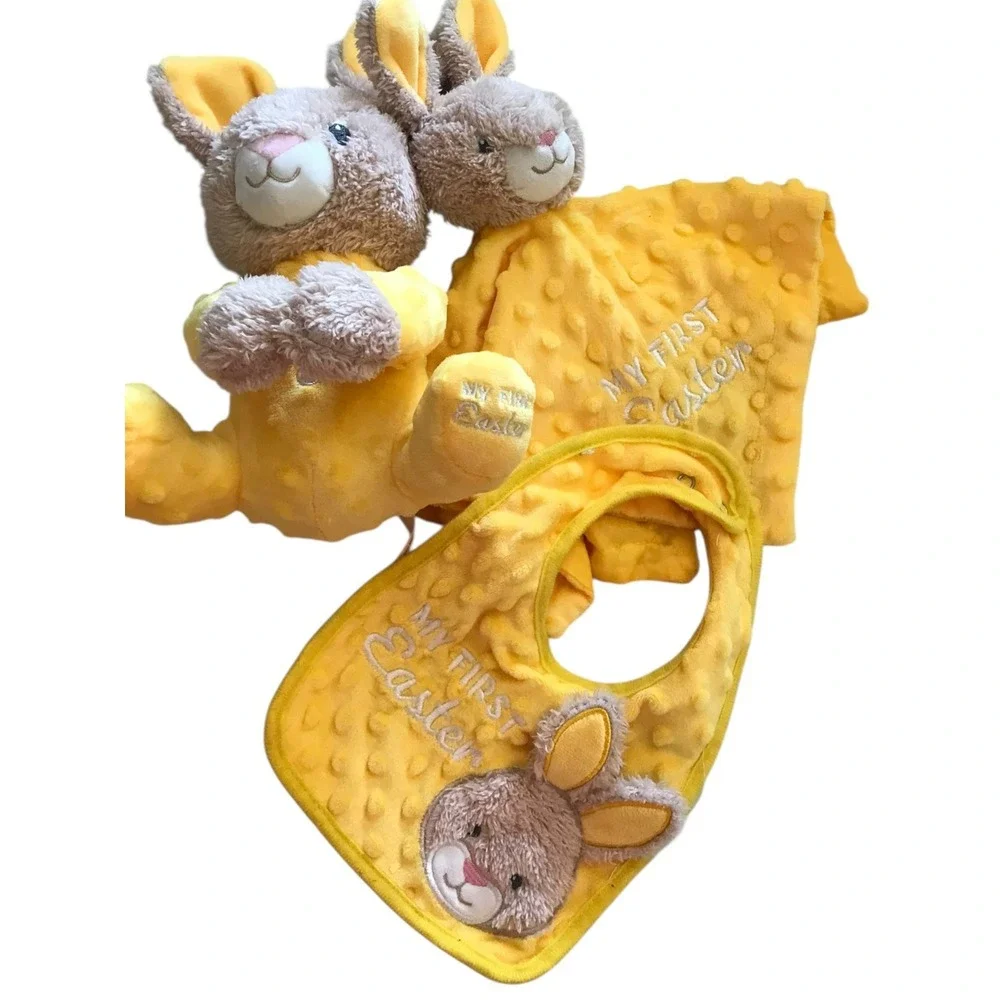 MTY Yellow Bunny Lovey‎ Security Blanket Baby Plush Minky Dot Rattle Easter